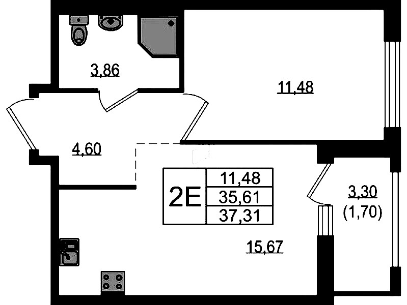 1-комнатная квартира 37.31 м², 17/18 эт., ЖК «Южная Нева»